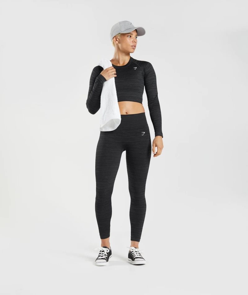 Women's Gymshark Adapt Marl Seamless Long Sleeve Cropped Tops Black | NZ 2ZXRQD